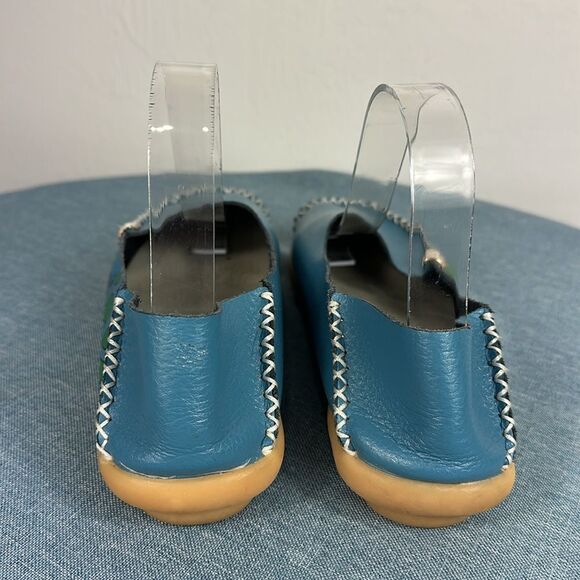 Floral Print Blue Leather Women's Slip On Loafers Size 8 - Picture 4 of 8